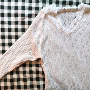 Vtg 1X Scalloped Open Knit White Sweater Tunic Jolie Knitwear V-Neck Cover Up